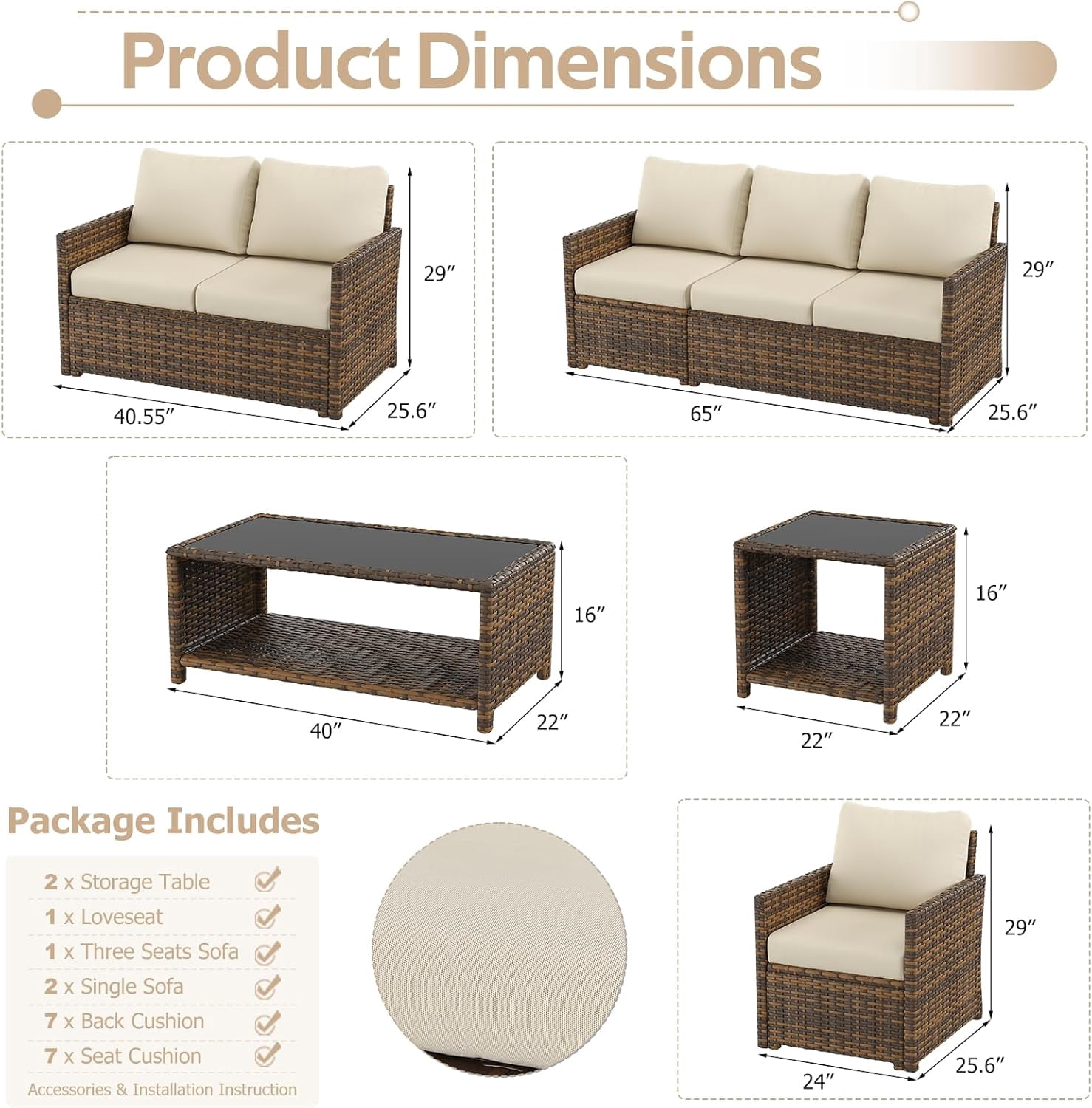 AECOJOY 7 Pieces Outdoor Furniture Set with Two Storage Boxes, Rattan Wicker Sectional Sofa in Brown Wicker& Beige Cushions