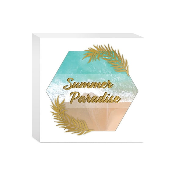 Summer Paradise Golden Sand Aqua Waves 5 x 5 Wood Tabletop Sign Plaque