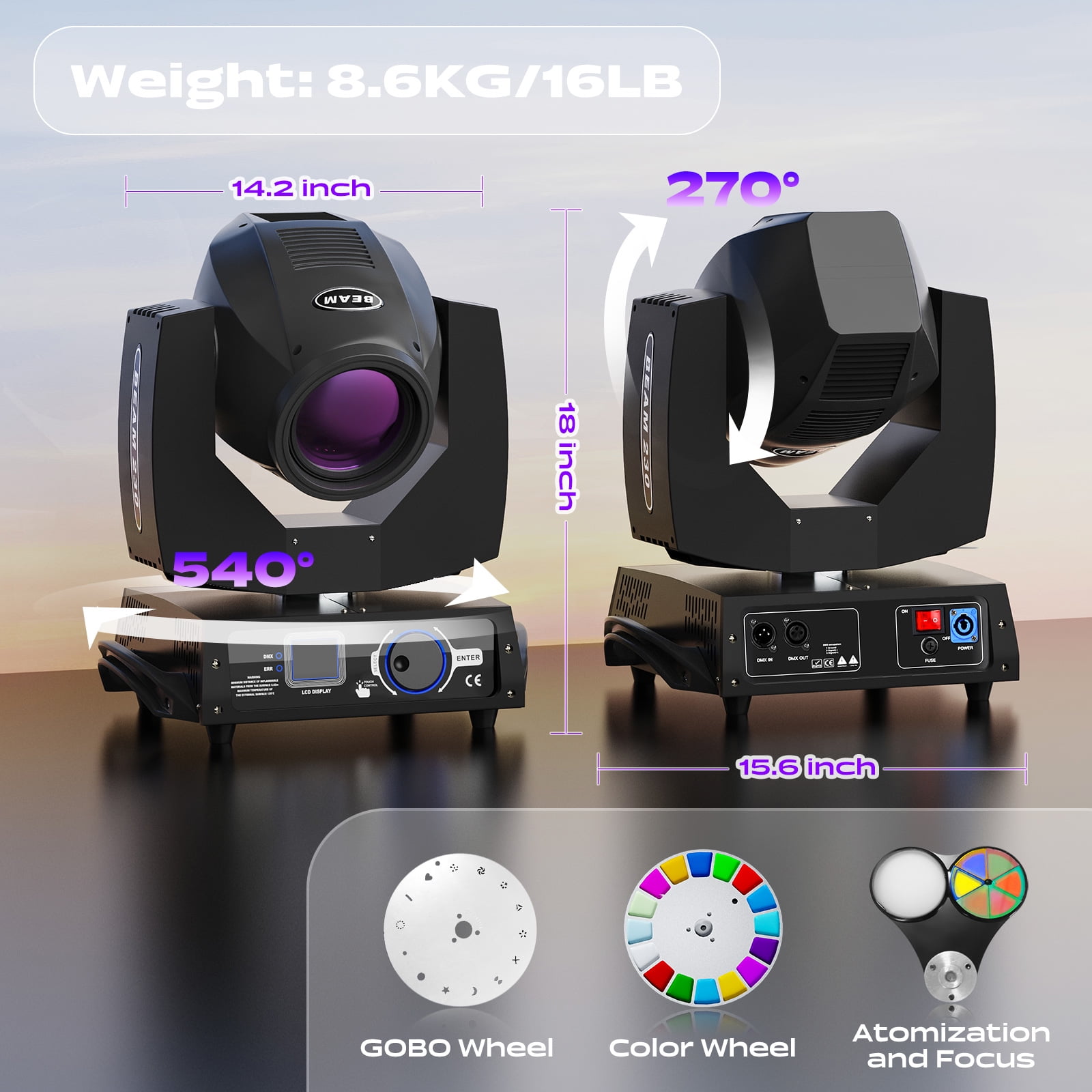 7R 230W DJ Lights, 8 Prisms Beam Sharpy Moving Head Stage Lights 17 Gobos 14 Colors LED Disco Party Lights DMX Club Light for Weddings Christmas Dance Show,Black