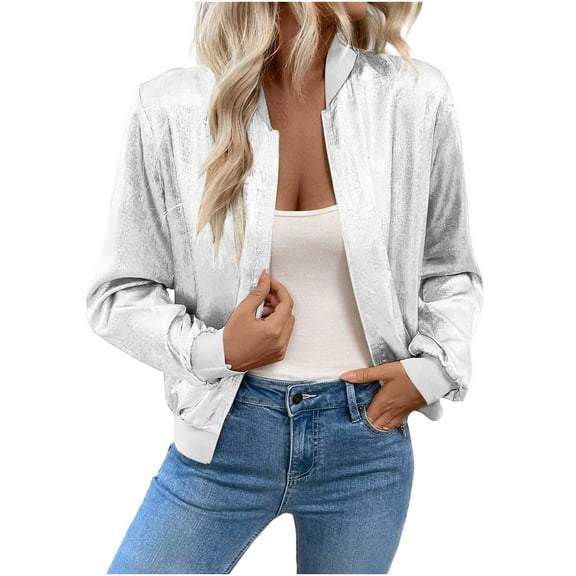 Ecqkame Women Sequin Jackets Glitter Sparkly Zipper Cardigan Concert Party Outerwear Long Sleeve Casual Jacket with Pocket White M