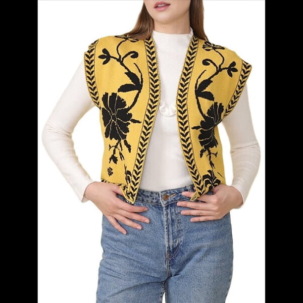 Chaleco de Vaquera, Atuendo Occidental para Mujer, Chaleco Bordado, Cárdigan Corto Sin Mangas, Top Bohemio. Negro y Dorado S