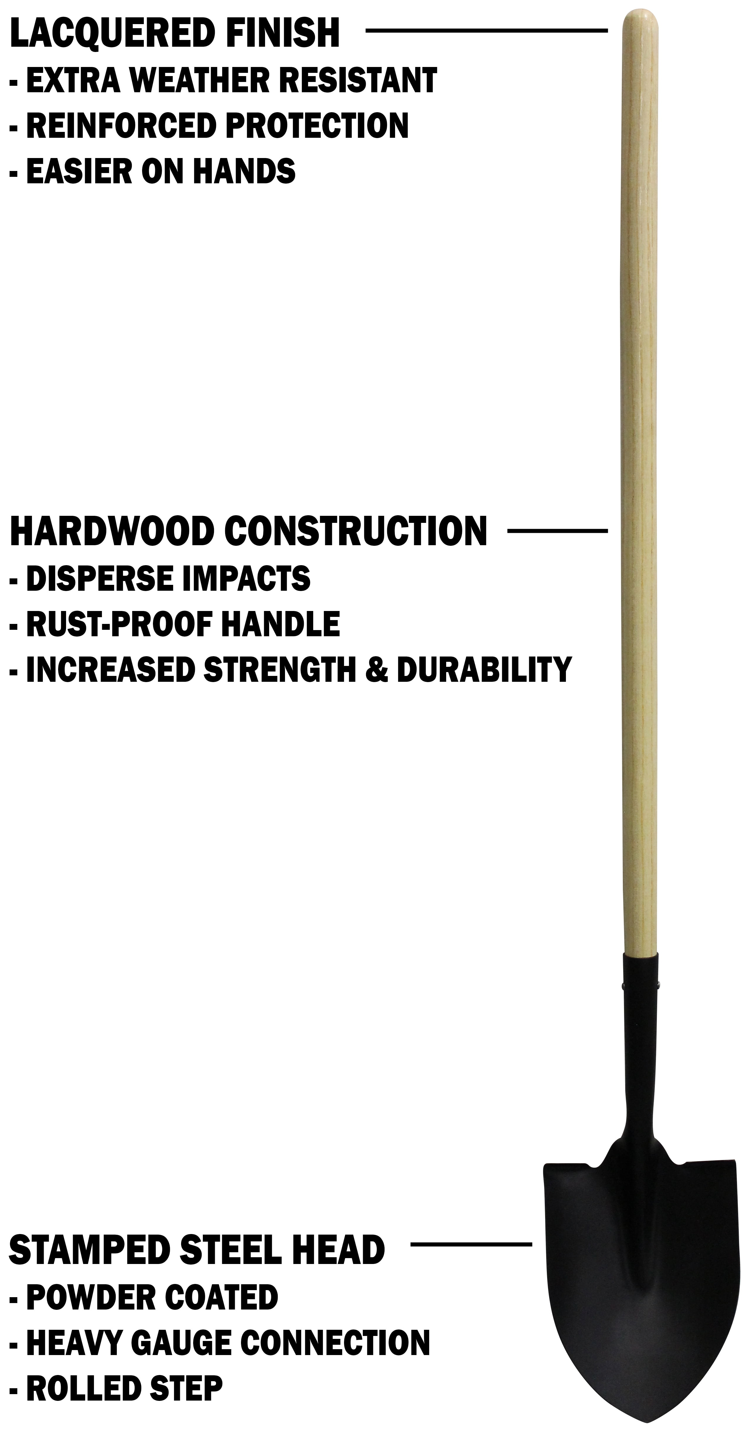 Workforce Tools Round Point Shovel - Sturdy 48” Wooden Handle - Heavy Duty 16 Gauge Steel Head