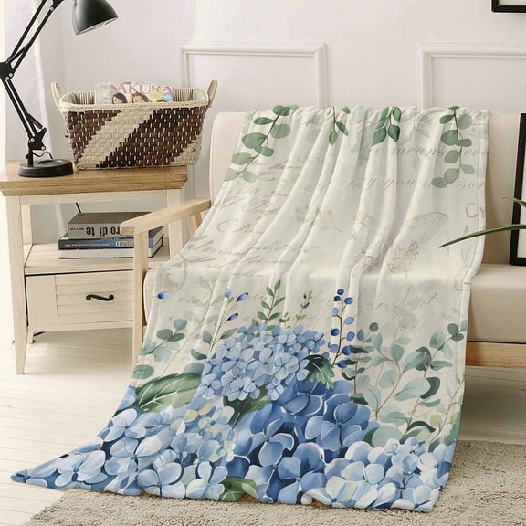 Fleece Blanket Green Eucalyptus Leaves Blue Hydrangea Flower Blankets, Soft Cozy Warm Flannel Throw Blanket, Retro Letter Blanket for Bed Couch Sofa,40x50In