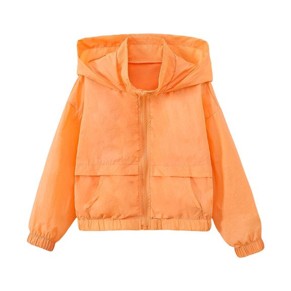 Vdoaml Girls Cropped Hooded Jacket Kids Full Zip Wind Coat Children Elastic Hem Long Sleeve Outerwear 13-14 Years Orange