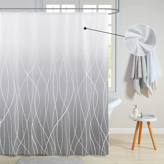 Shower Curtain Set with Hooks Grey Shower Curtain for Bathroom Ombre Fabric Shower Curtain Stripe Bath Curtains Decorative White Shower Curtain Water Repellent, 84x72, Grey