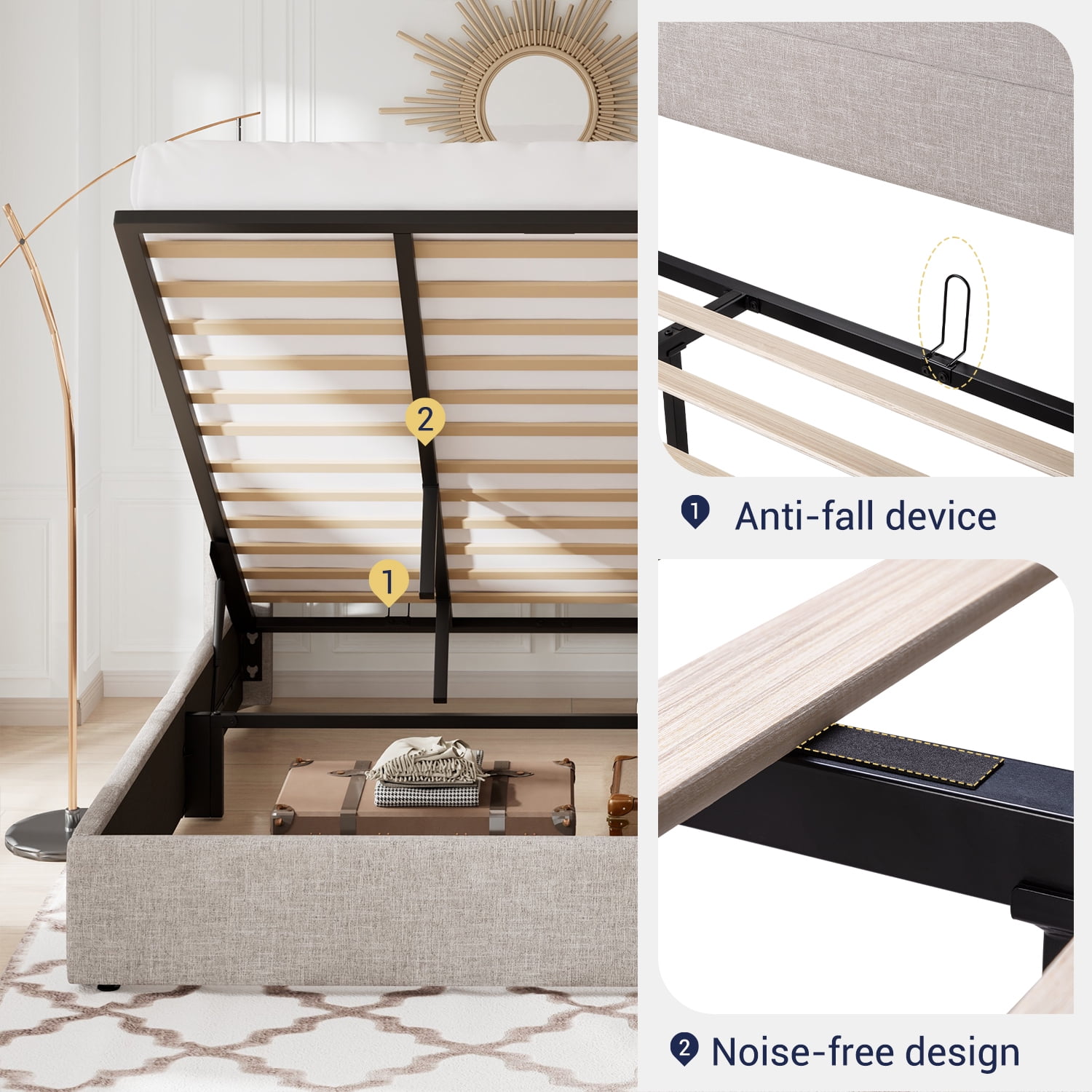 Allewie King Size Lift Up Platform Storage Bed Frame with Channel Wingback Headboard, Light Beige