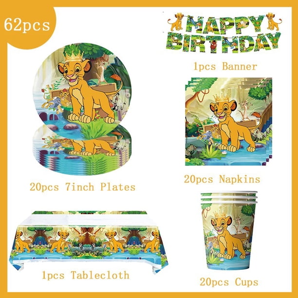 Disney-Decoración de cumpleaños del Rey León para niños, juego de vajilla, vasos de papel, platos, suministros de globos, tema de fiesta de Simba, dibujos animados