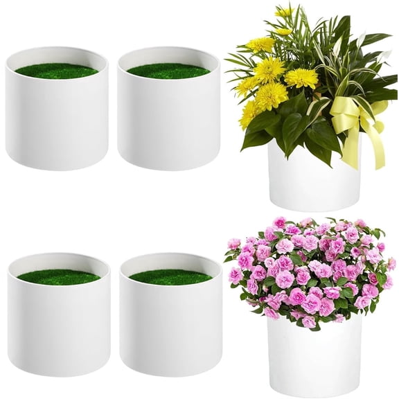 XISELI 4 Set Plastic Cylinder Planter Box 3.3 x 3 Inch Flower Boxes for Arrangements White Round Plastic Flower Box with Removable Foam Blocks Liner for Centerpiece Home Wedding Garden Decor