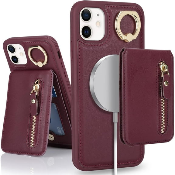 iPhone 12 Mini case with Card Holder, iPhone 12 Mini Phone Case Wallet for Women magsafe Compatible Wallet Detachable 2-in-1 for Men-Red Wine