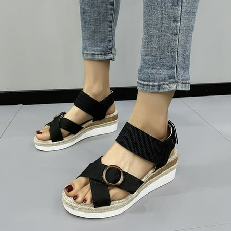 

HAOTAGS Women s Ankle Strap Wedges Sandal On Sale Fashion Roman Open Toe Platform Wedge Casual Summer Shoes Black Size 10