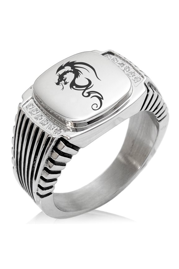 Stainless Steel Shadow Dragon CZ Ribbed Needle Stripe Pattern Biker Style Polished Ring