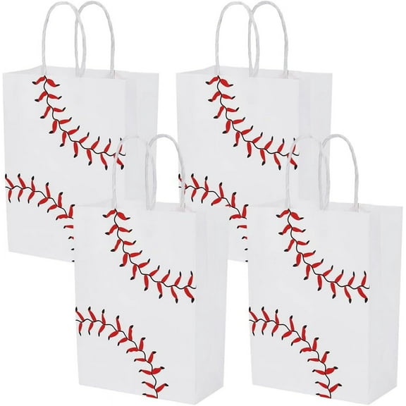 24 pc Rectangle Paper Gift Bags with Handle Baseball Print Candy Tote for Birthday Wedding White 21x15x8cm