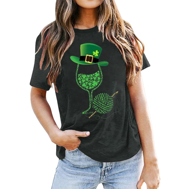 Prolriy T-Shirt de la Saint-Patrick pour Femmes, Imprimé Verre de Vin, Col Rond, Manches Courtes, T-Shirt Noir TTTG