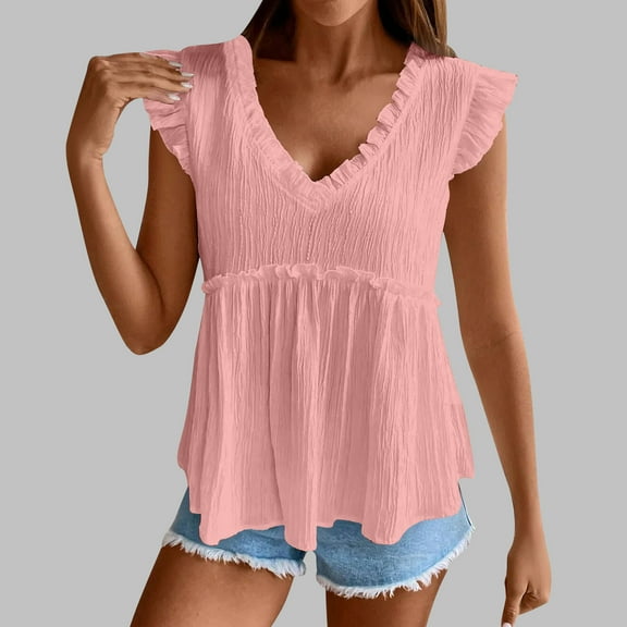 Karight Womens Babydoll Tank Tops V Neck Ruffle Sleeve Pleated Peplum Shirts Summer Casual Boho Flutter Flowy Tank Tops