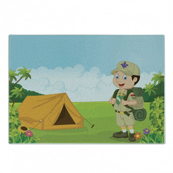 Camping Cutting Board, Little with Tent in Nature Forest Adventure Children Discovery of Woods, Decorative Tempered Glass Cutting and Serving Board, in 3 Sizes, by Ambesonne