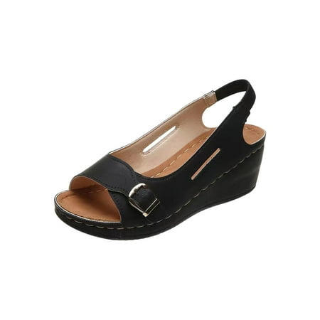 

Cglfd Women S Vintage Buckle Wedge Heel Open Toe Low Fish Mouth Roman Sandals