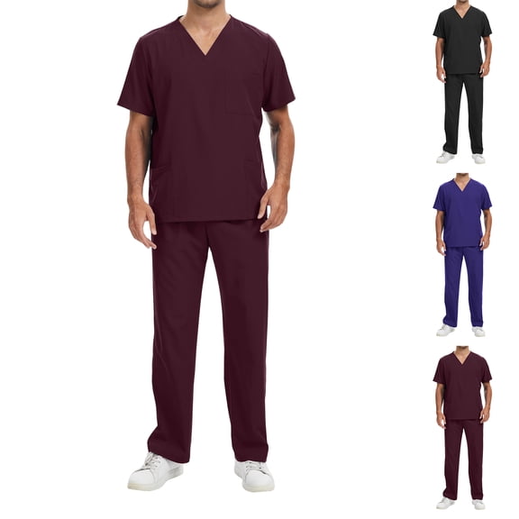 Men's Medical Scrubs Set V Neck Short Sleeve Scrubs Top & Wide Leg Jogger Pants Breathable Easy Care 2 Pieces Outfit, S