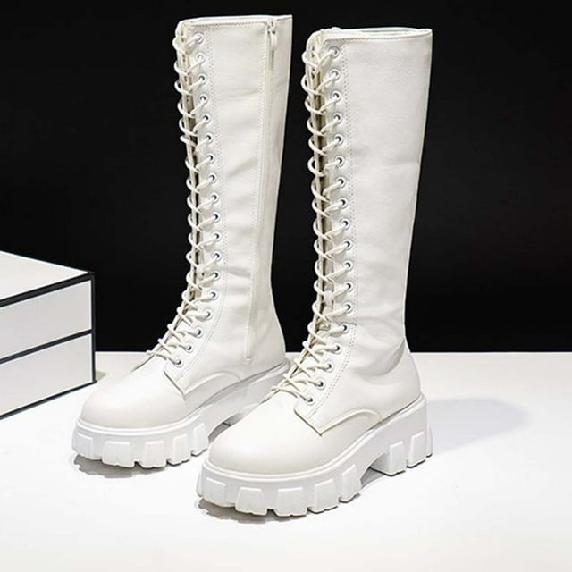 PEONAVET Bottes Hautes pour Femmes à Lacets Talon Bloc Chaussures Plates Style Équestre Classique Automne Hiver