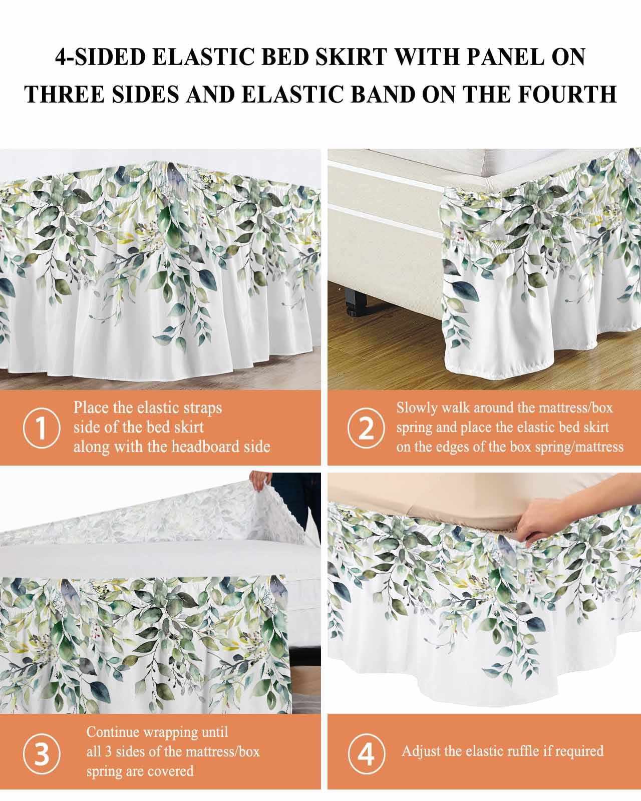 Pastoral Floral Plant Bed Skirt Sage Green Eucalyptus Leaves White Bed Skirts Queen Size 18 Inch Drop, Wrap Around Dust Ruffle&nbsp;Bedskirt with Adjustable Elastic Belt for Queen Size Beds