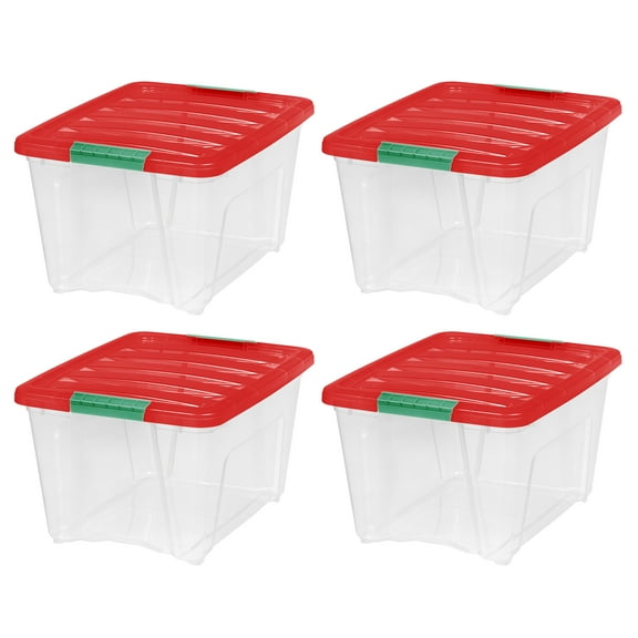 IRIS 32 Qt Stackable Holiday Plastic Storage Bins with Lids and Latching Buckles Clear Red 4 Pack