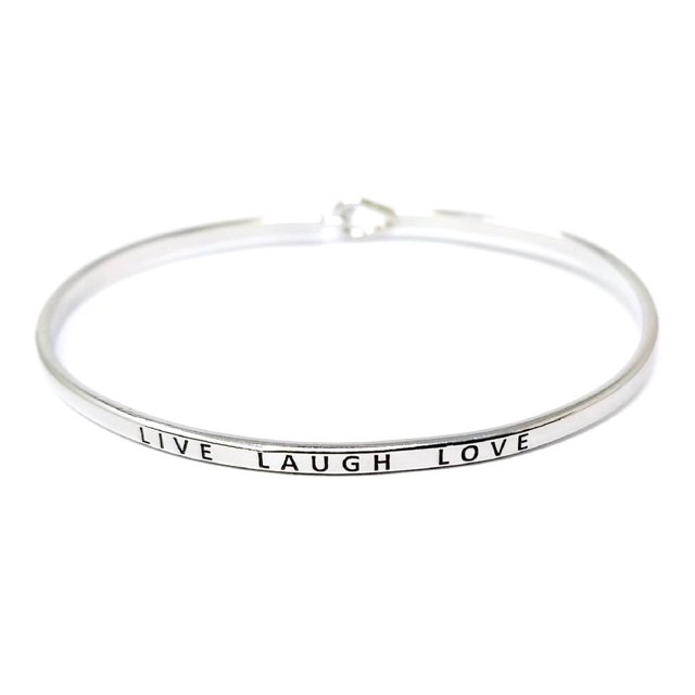 Me Plus Inspirational "LIVE LAUGH LOVE" Positive Message Engraved Thin Bangle Hook Bracelet (Silver, brass)