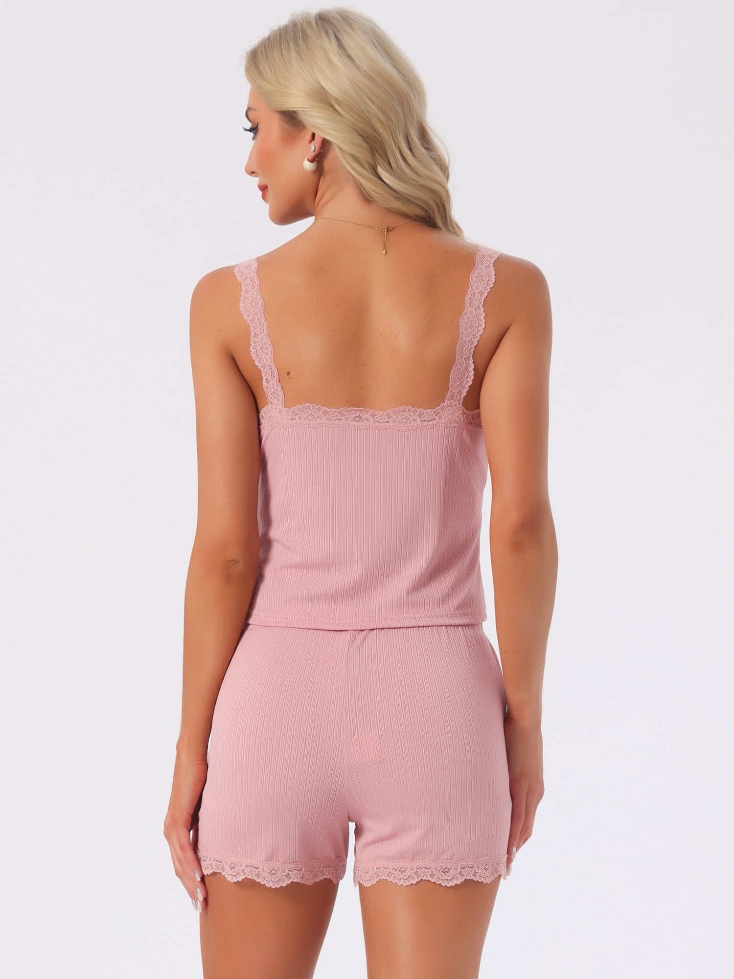DARING DIVA Women's Pajama Sets Ribbed Knit Lace Tank Shorts Pants Sleepwear S Pink