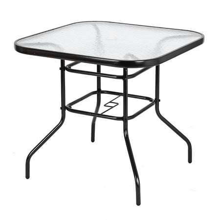 Zimtown 31  Outdoor Dining Table with Glass Top w/ Umbrella Hole for Patio Garden Poolside  Black Steel Frame