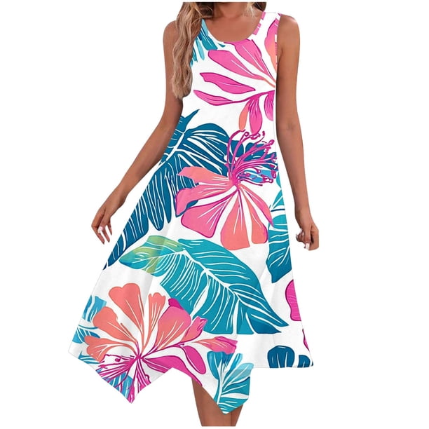 Una Línea Vestidos de Verano para las Mujeres 2025 Impresión Bolsillos Vestido de Camiseta, Cuello Redondo Vestido de Playa sin Mangas
