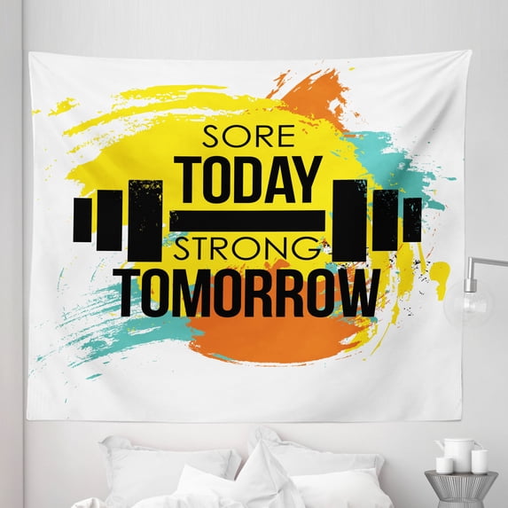 Fitness Tapestry, Sore Today Strong Tomorrow Gym Words Typography Colorful Energetic Brushstrokes, Fabric Wall Hanging Decor for Bedroom Living Room Dorm, 5 Sizes, Multicolor, by Ambesonne