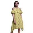 thumbnail image 1 of Bimba Yellow Bird Printed Womens Ruffle Front Cold Shoulder Swing Shift Dress - Small, 1 of 6