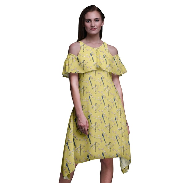 Bimba Yellow Bird Print Flutter Sleeve Womens Party Tunic Cold Shoulder Midi Dress - Medium
