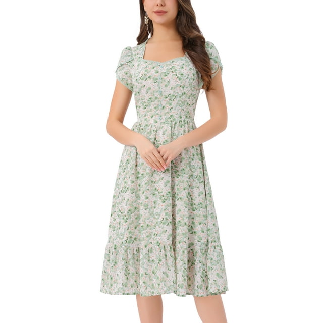 Vestido Midi de Verano para Mujer INSPIRE CHIC con Cuello Cuadrado y Mangas Cortas, Vestido Boho Floral XL Verde