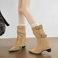 thumbnail image 3 of Dakaela Women's Fold over Boots Pointy Toe Mid Calf Cowboy Western Booties Buckles Pull on Dressy Winter Riding Shoes Khaki 4.5, 3 of 7