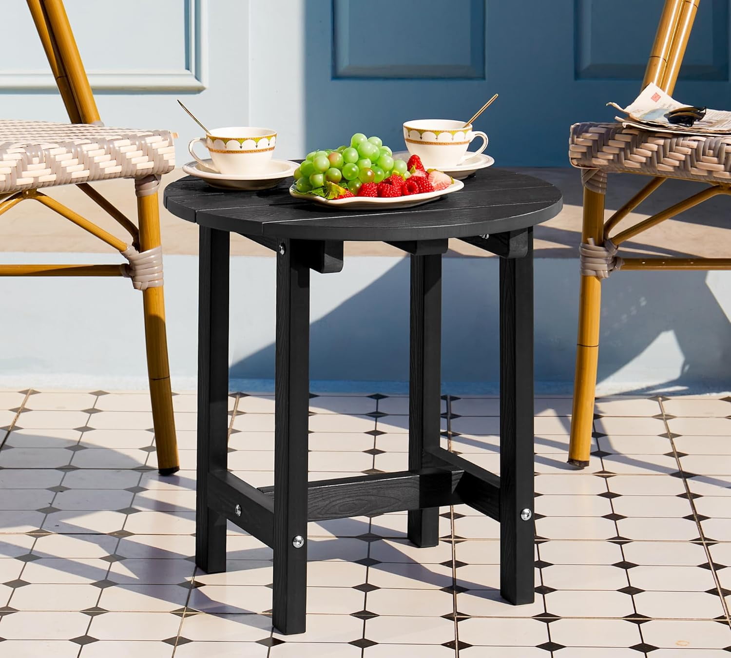 Y&M Outdoor Side Table, Waterproof Four-Legged Round Entryway End Table, Single-Tier HIPS Modern Small Coffee Nightstand for Bedroom, Living Room, Patio, Indoor or Outdoor Use, Black