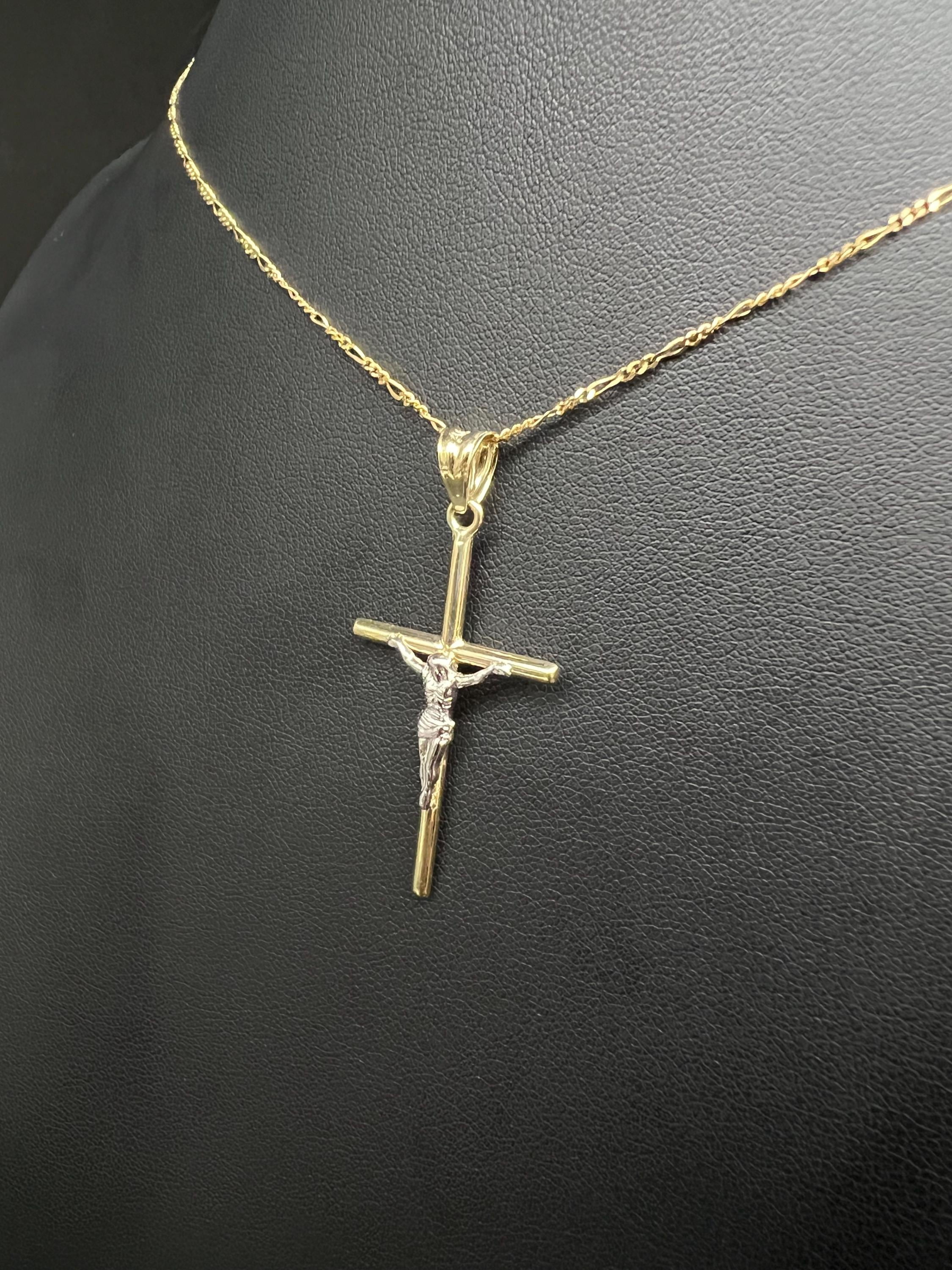 10k Real Gold Jesus Crucifix Pendants Necklace, 10k Real Gold Two Tone Cross with 10k Solid Gold 1mm Figaro Chain, Cross, 10k Gold Cross (Chain Lenght:with 16'' chain;)