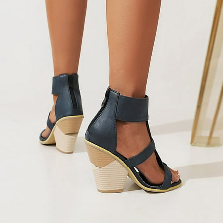

pafei tyugd Chunky Heel Sandals for Women Cut Out Peep Toe Zipper Block Heel Sandals Summer Beach Dressy T-Strap Party High Heeled Sandals Size 6