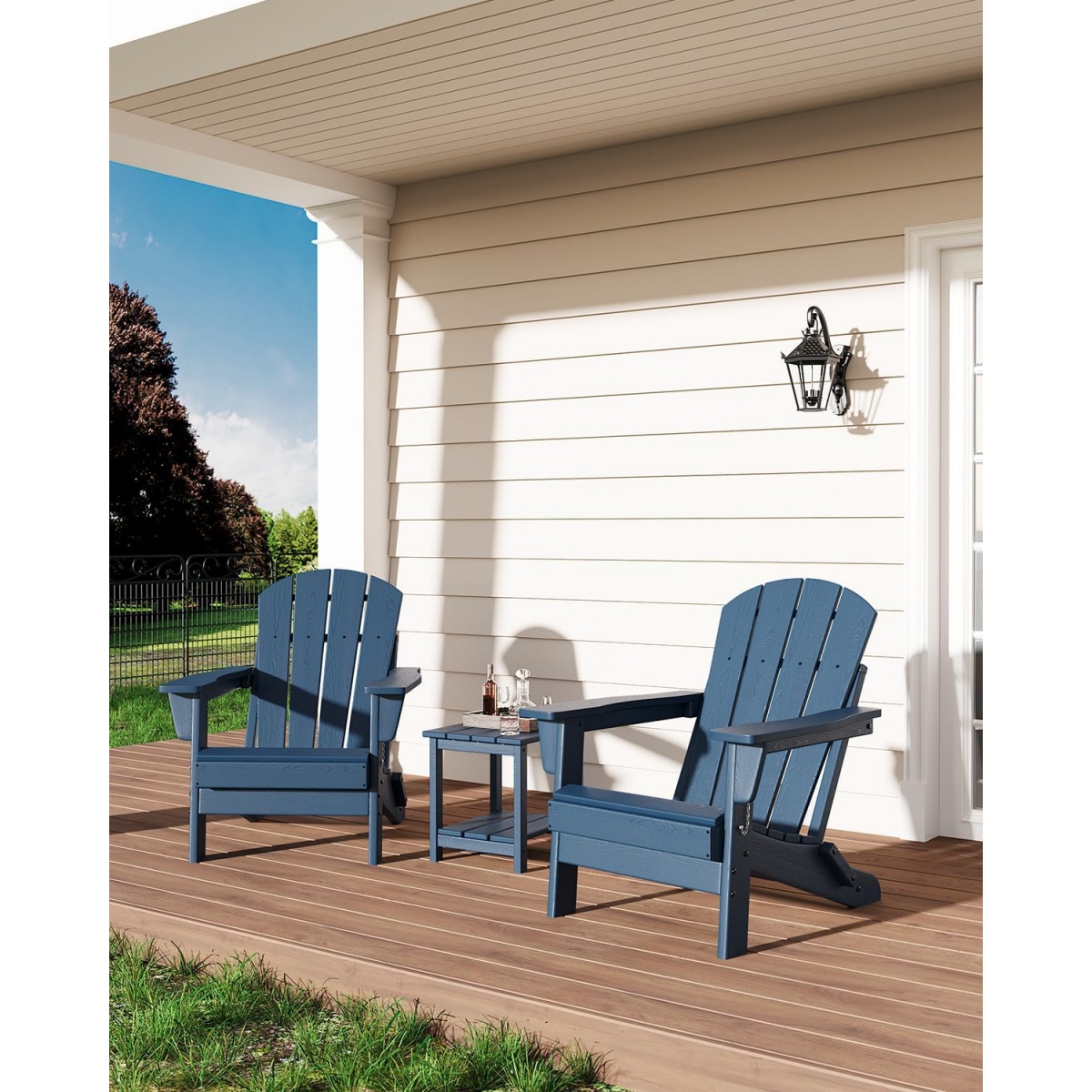 1PC Folding Adirondack Chair, HDPE Outdoor All-Weather Fire Pit Chairs, Outdoor Wooden Lounge Chair, Modern Lounger Adirondack Chairs Ergonomic Extended Backrest for Deck, Patio, Pool, Backyard