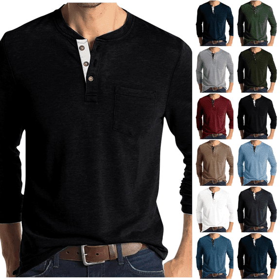 Henley Shirts for Men Casual Shirts Button Down Long Sleeve Solid Dress Shirt Beach Vacation Shirts Black XL