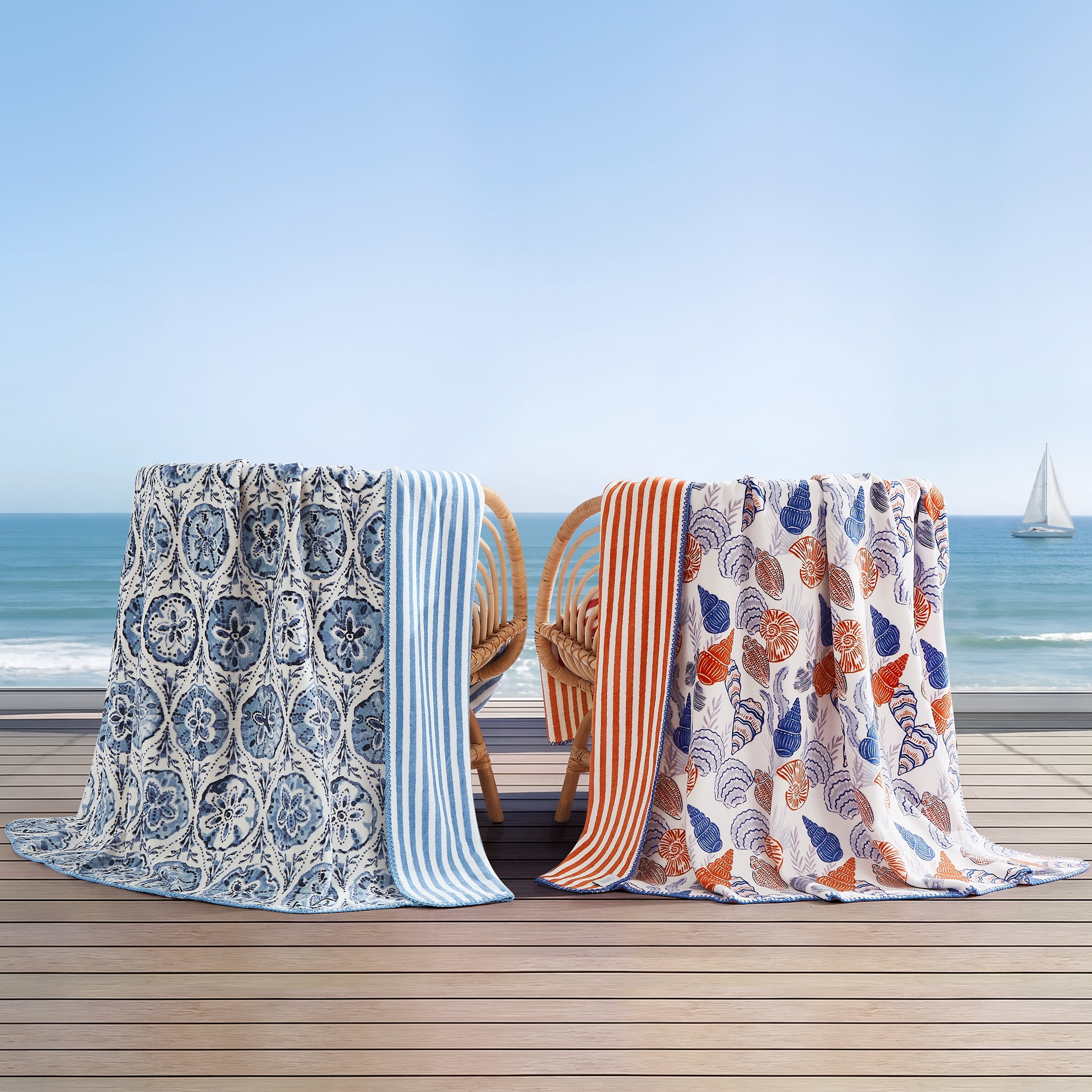 Coastal Living Throw Blanket, Reversible Plush Fleece Blanket for