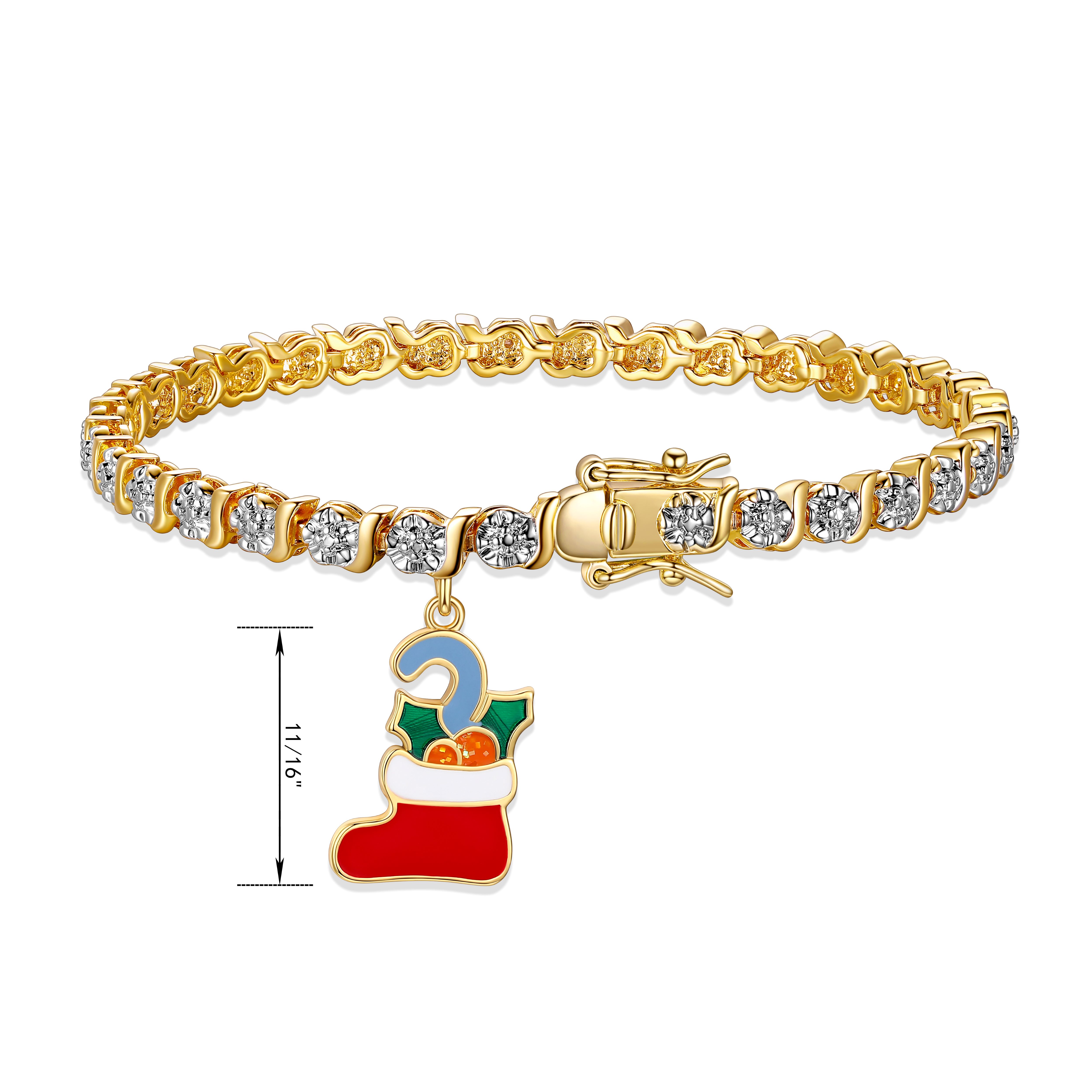 Fine Silver Plated Diamond Accent "S" Link Gold Tone Tennis Bracelet With Enamel Holiday Christmas Stocking Charm 7.25"