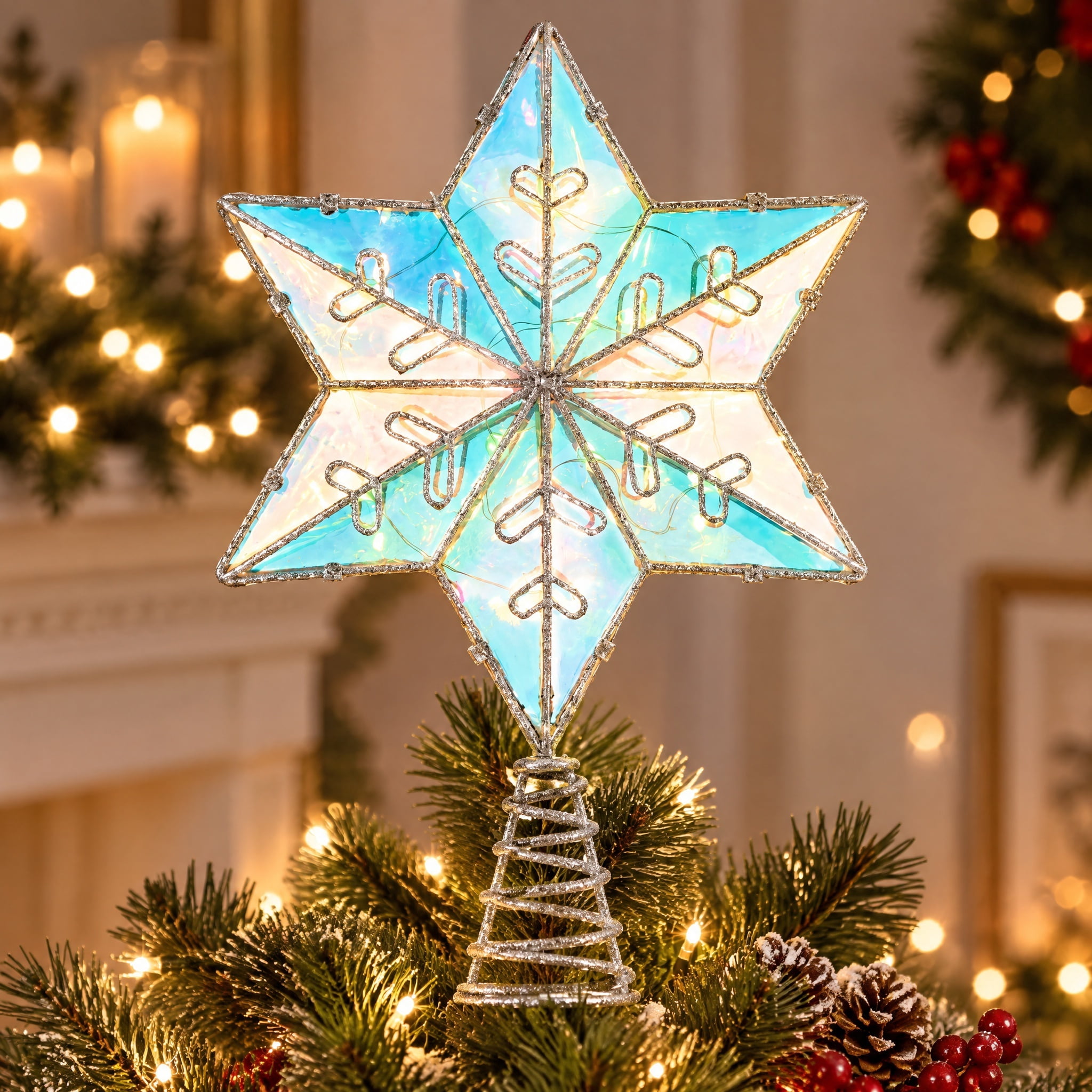 LED Snowflake Christmas Tree Topper, Iridescent, 10", by Holiday Time