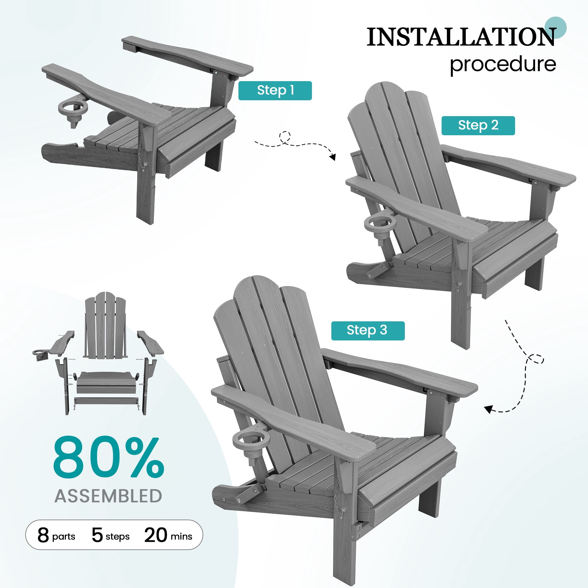 KINGYES Folding Adjustable Adirondack Chair, All Weather Use Reclining Adirondack Chair, HDPE Adirondack Outdoor Chair - Grey
