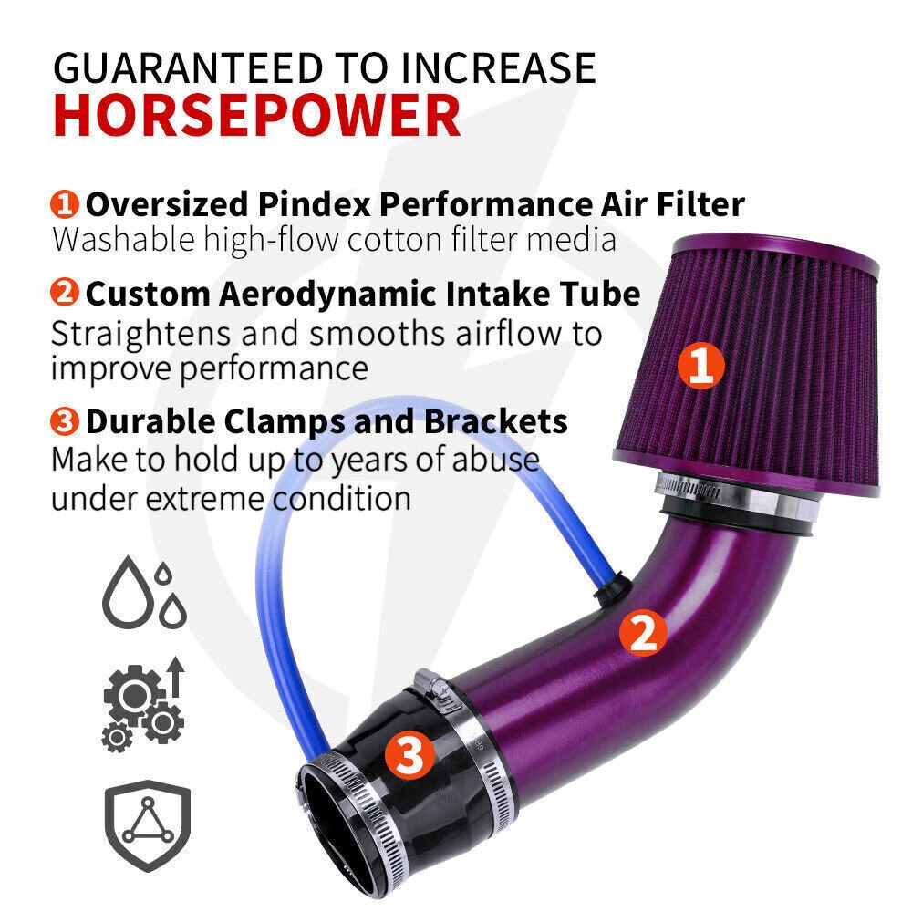 Purple Car Cold Air Intake Filter Induction Kit Pipe Power Flow Hose System 76mm