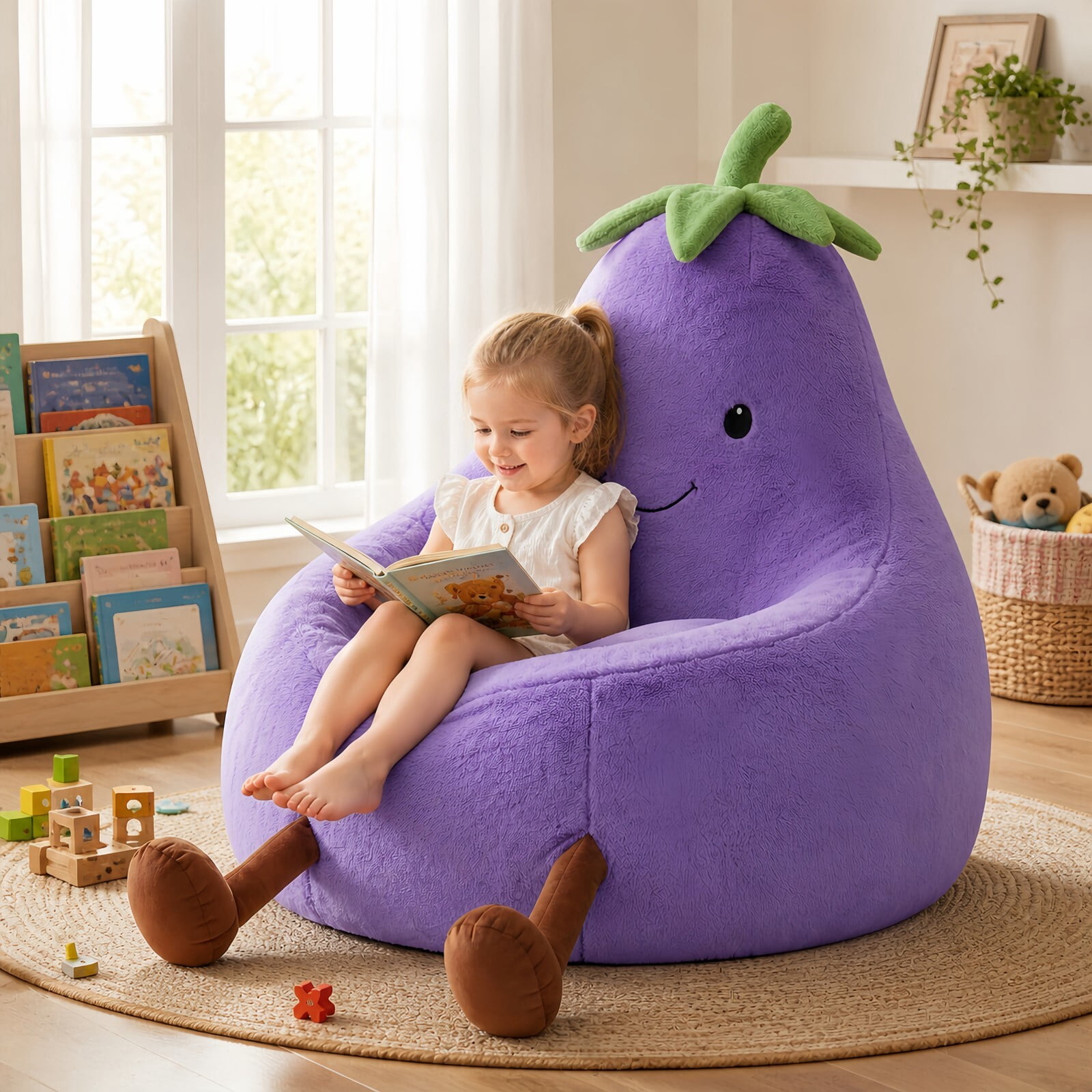 Kelno 24" Kids Bean Bag Chair Faux Rabbit Fur Lazy Chair Toddler Couch, Purple