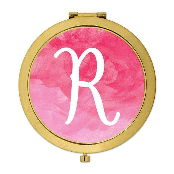 Koyal Wholesale Gold Compact Mirror Bridesmaid's Wedding Gift, Blush Pink Watercolor, Monogram Letter R, 1-Pack