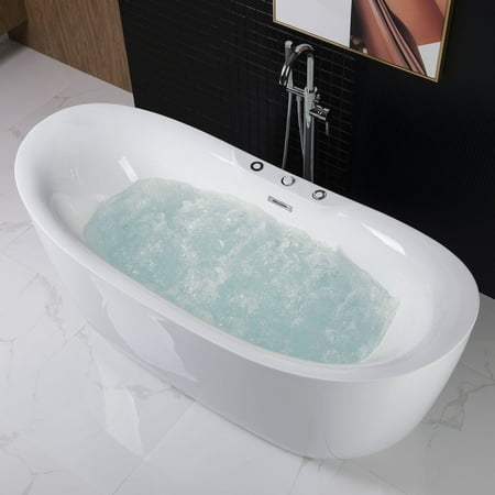 WoodBridge 71" x 32" Freestanding Bathtub Whirlpool Water Jetted and Air Bubble, B-0034