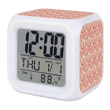 Alarm Clocks Pink Baroque Pattern Digital Clock 7 Color LED Night Light Silent Non-Ticking Battery Operated Vintage European Style Cube Clocks for Bedroom Bedside Living Room Office