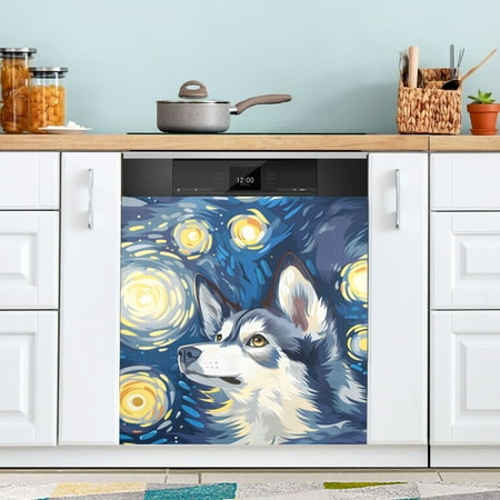 

Cute Husky in Starry Night Dishwasher Magnet Refrigerator Magnetic Cover Washing Machine Magnet Sticker Kitchen Decor