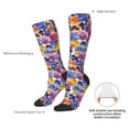 thumbnail image 4 of Xecao The Garden Tricolor Pansy Flower print thigh-high socks, crafted for both men and women with a stretchy, high-opaque design perfect for daily wear, 4 of 6