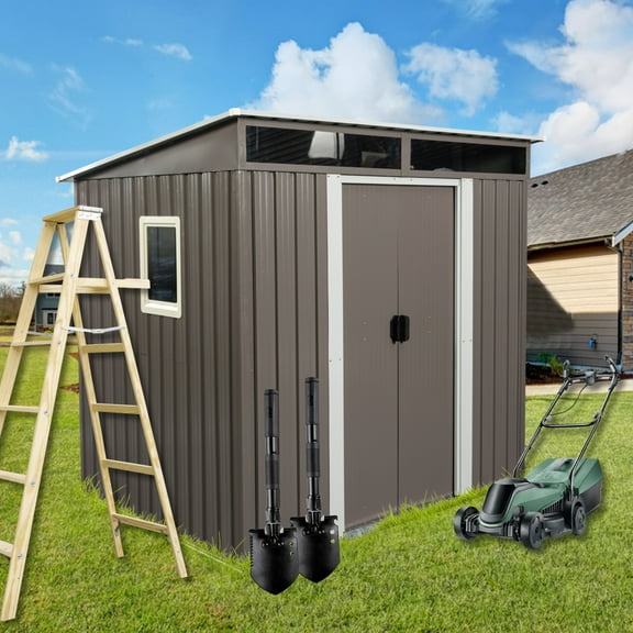 6X5FT Outdoor Metal Storage Shed with Window and Transparent Plate,Waterproof Garden Storage Shed with Lockable Door,Sloped Roof Design Tool Shed,for Lawn,Patio,Backyard,Multiple Use,Gray